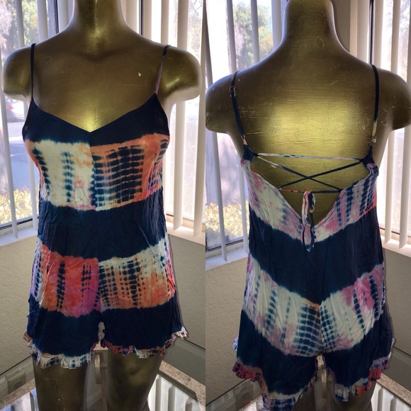 SALE! Cute TIE-DYED Ruffled Leg Silk Shorts ROMPER S - Picture 1 of 4